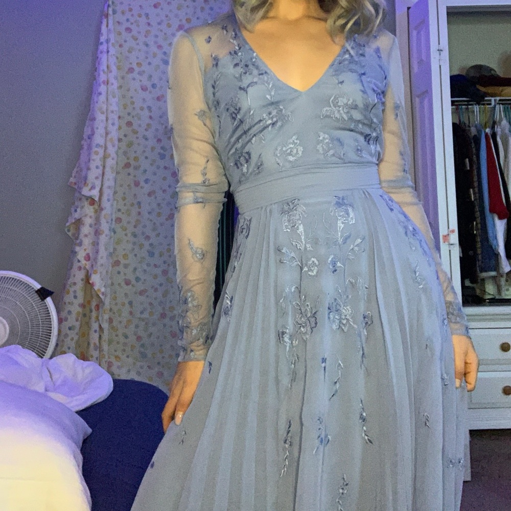 Baby blue, floral lace, long sleeve prom dress
